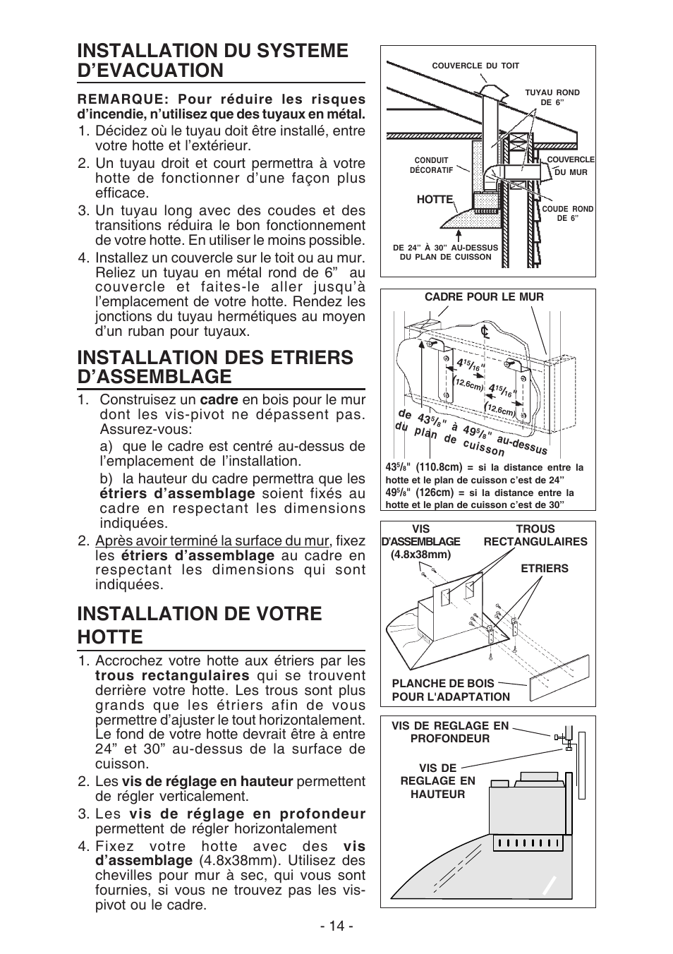 Installation du systeme d’evacuation, Installation des etriers d’assemblage, Installation de votre hotte | NuTone NP629004 User Manual | Page 14 / 32