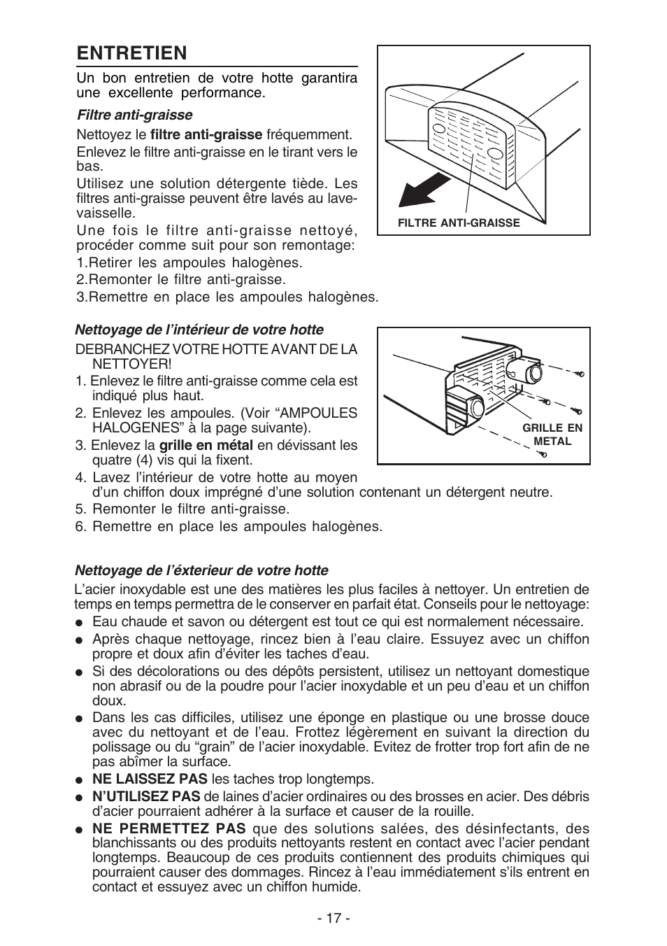 Entretien | NuTone NP629004 User Manual | Page 17 / 32