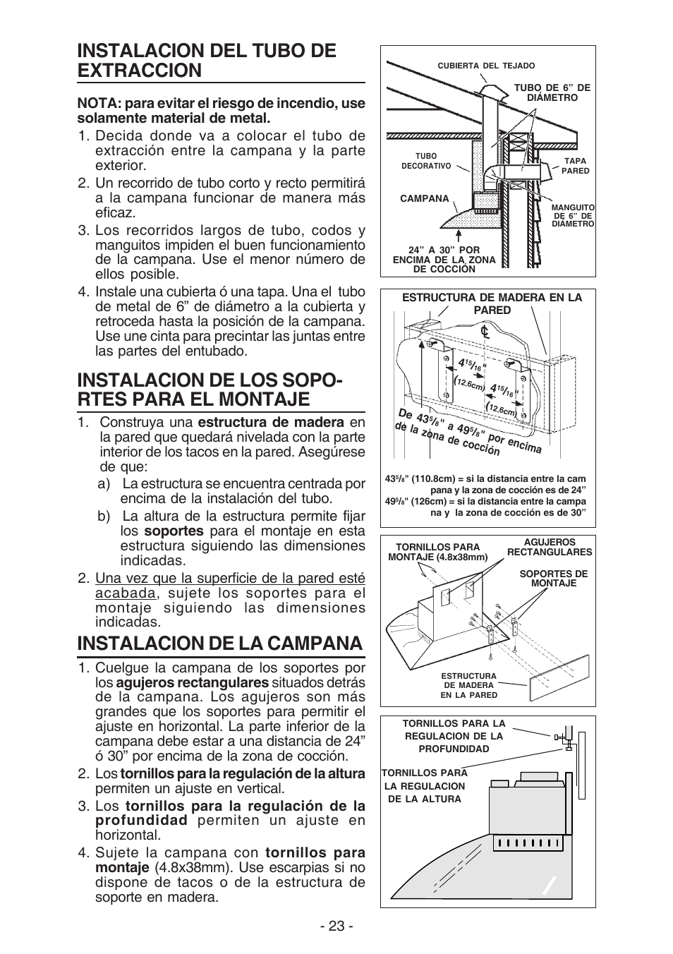 Instalacion del tubo de extraccion, Instalacion de los sopo- rtes para el montaje, Instalacion de la campana | NuTone NP629004 User Manual | Page 23 / 32