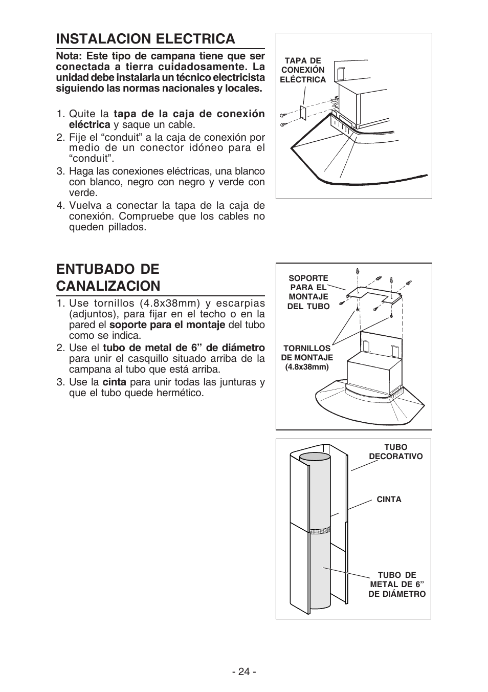 Instalacion electrica, Entubado de canalizacion | NuTone NP629004 User Manual | Page 24 / 32