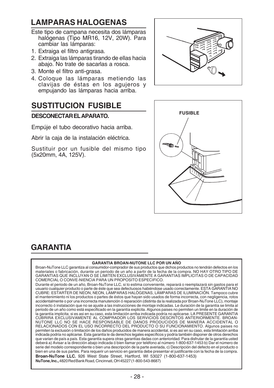 Lamparas halogenas, Garantia, Sustitucion fusible | NuTone NP629004 User Manual | Page 28 / 32