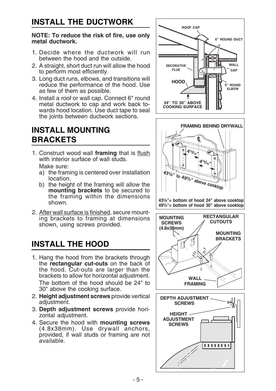 Install mounting brackets, Install the hood, Install the ductwork | NuTone NP629004 User Manual | Page 5 / 32
