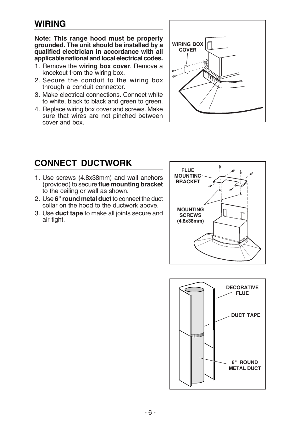 Wiring, Connect ductwork | NuTone NP629004 User Manual | Page 6 / 32