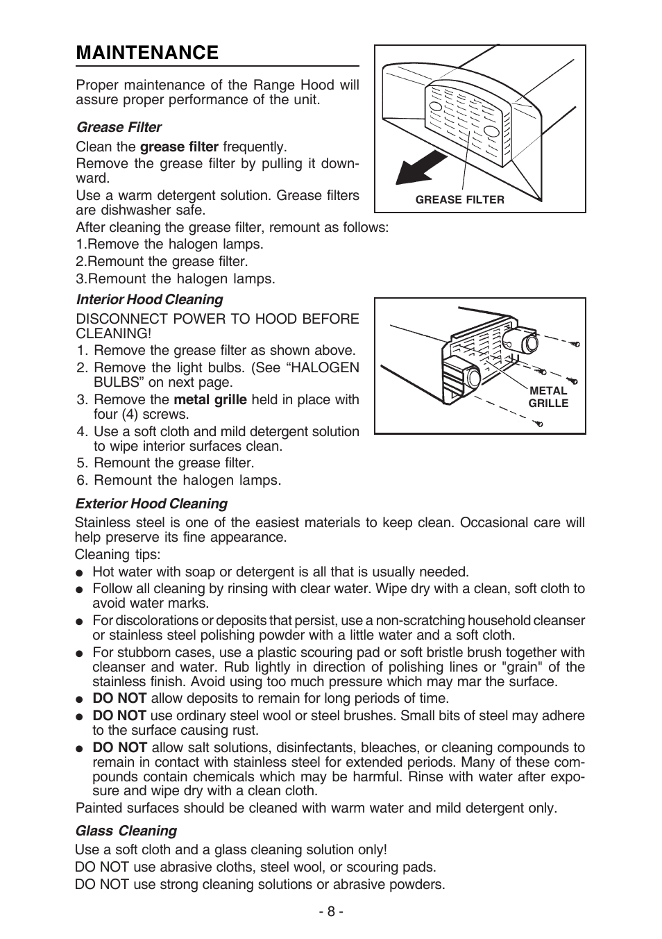 Maintenance | NuTone NP629004 User Manual | Page 8 / 32