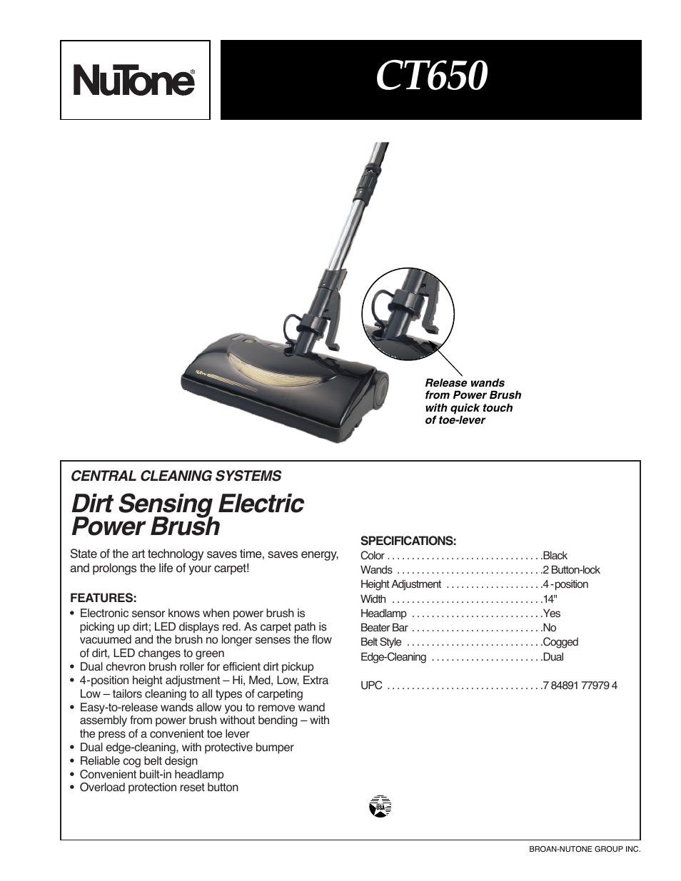 NuTone DIRT SENSING ELECTRIC CT650 User Manual | 1 page