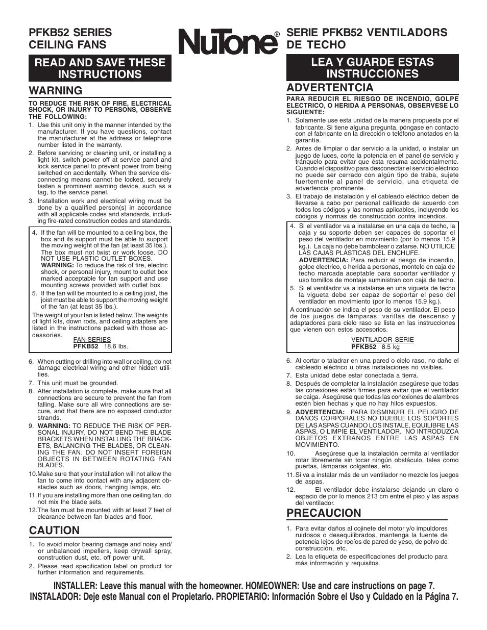 NuTone PFKB52 Series User Manual | 8 pages