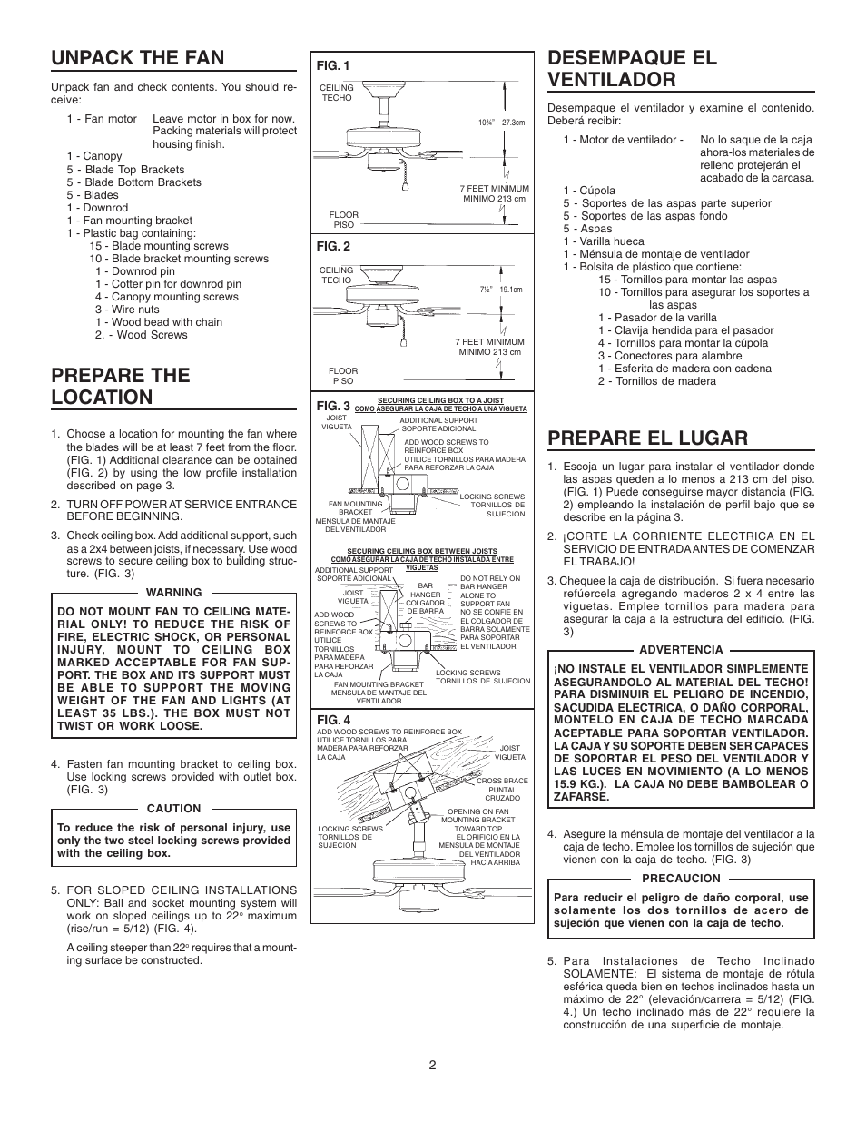 Unpack the fan, Prepare the location, Desempaque el ventilador | Prepare el lugar, Fig. 1, Fig. 2, Fig. 3, Fig. 4 | NuTone PFKB52 Series User Manual | Page 2 / 8