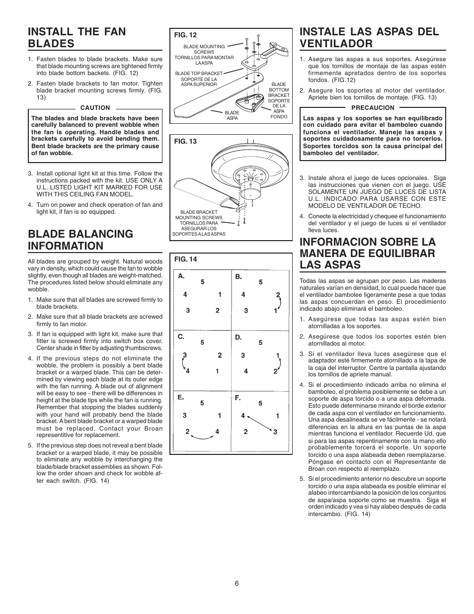 Install the fan blades, Blade balancing information, Instale las aspas del ventilador | NuTone PFKB52 Series User Manual | Page 6 / 8