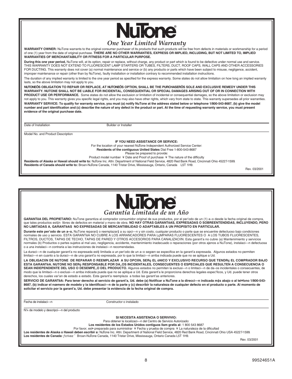 One year limited warranty, Garantía limitada de un año | NuTone PFKB52 Series User Manual | Page 8 / 8