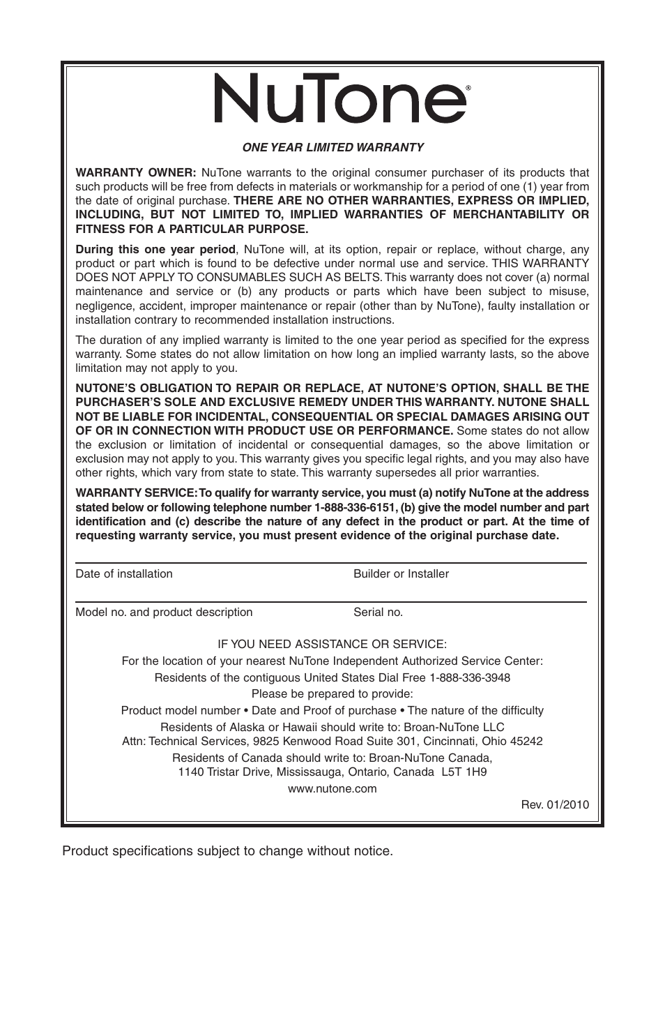 NuTone SFDB-DC User Manual | Page 10 / 20