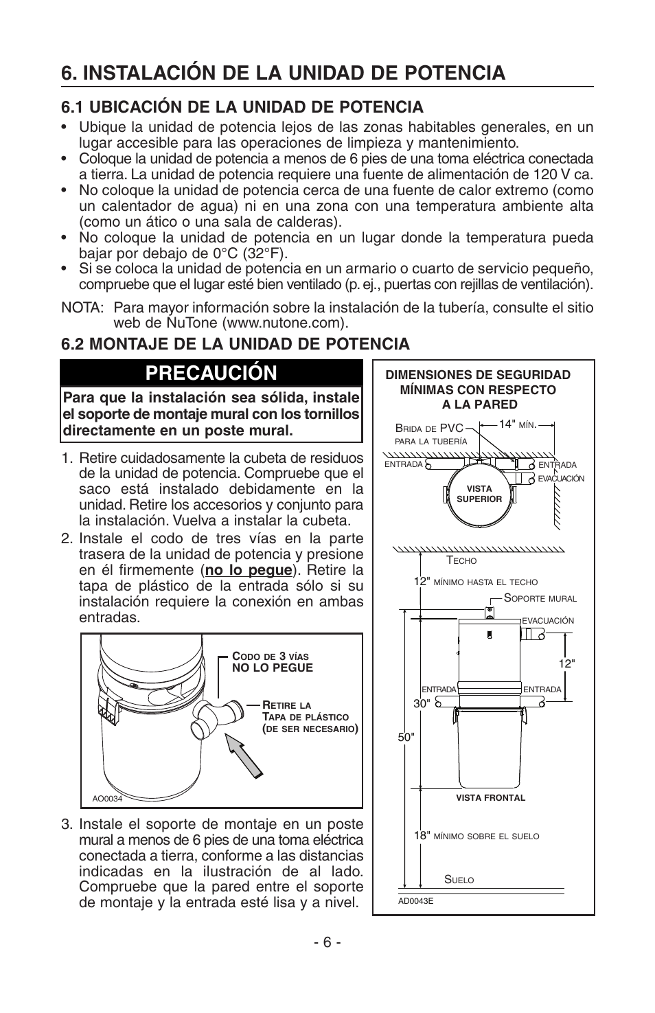 Instalación de la unidad de potencia, Precaución, 1 ubicación de la unidad de potencia | 2 montaje de la unidad de potencia | NuTone SFDB-DC User Manual | Page 16 / 20