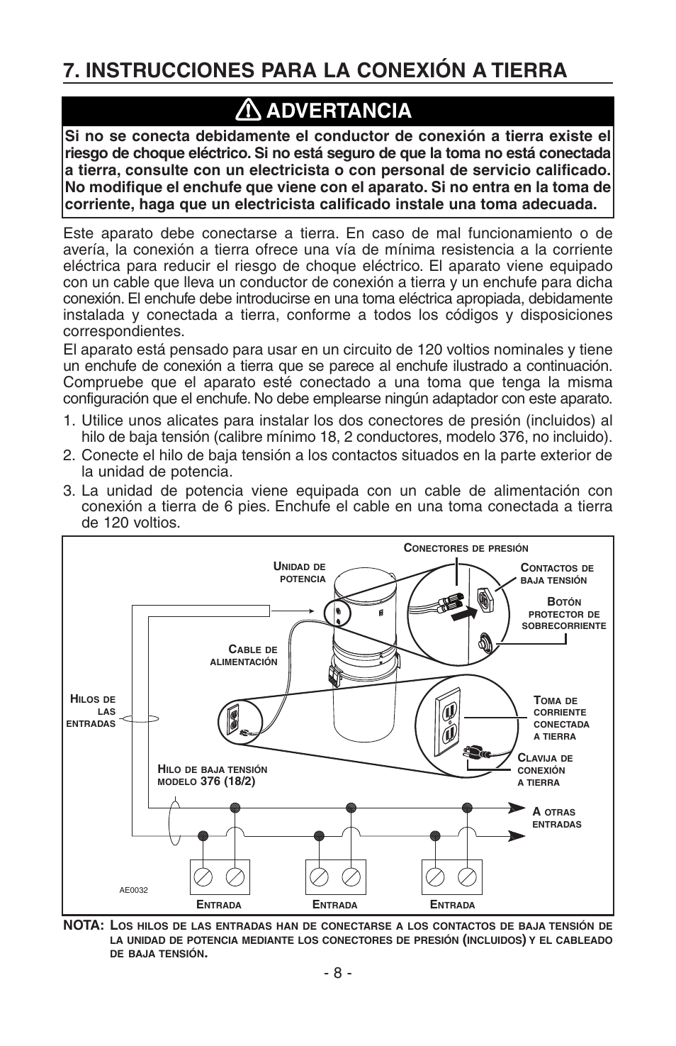 Instrucciones para la conexión a tierra, Advertancia | NuTone SFDB-DC User Manual | Page 18 / 20