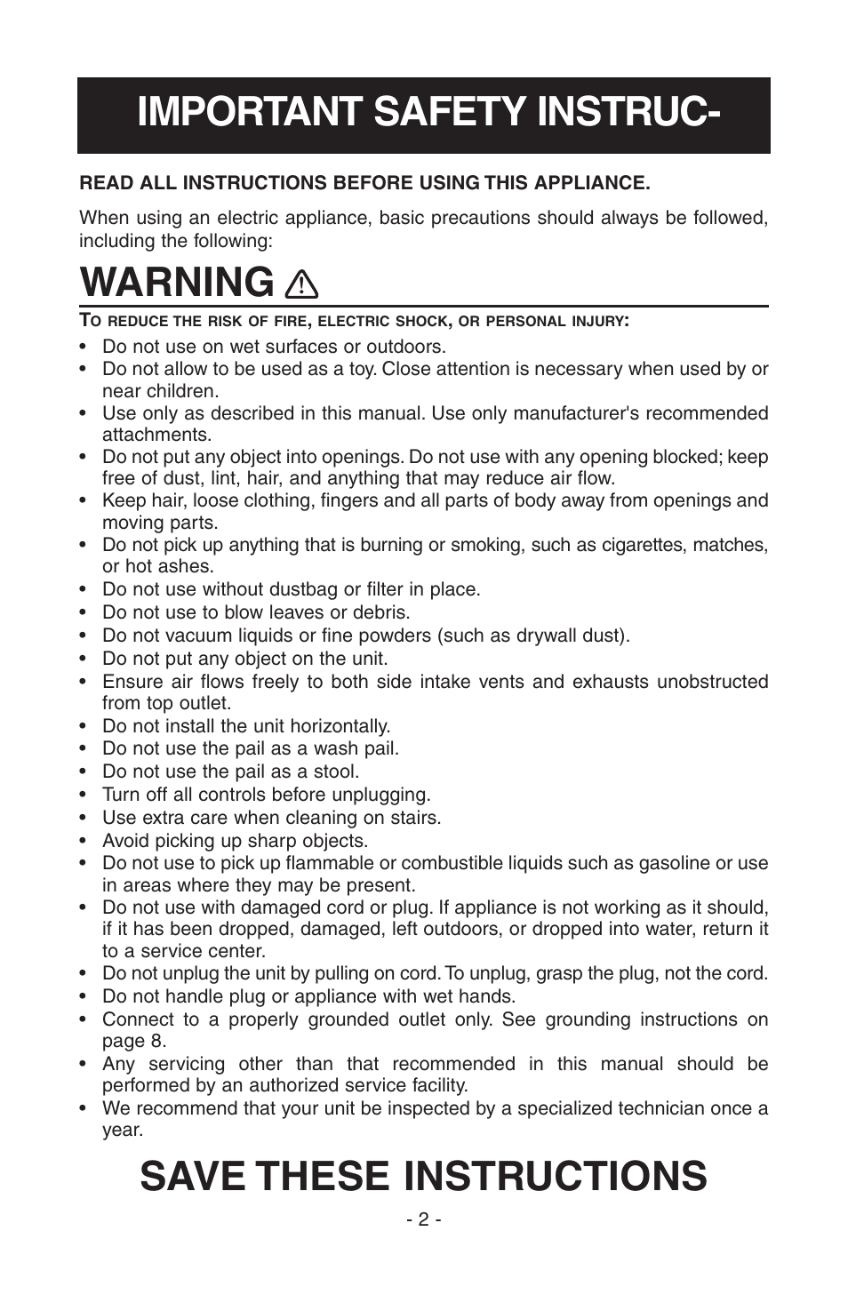 Warning, Important safety instruc- save these instructions | NuTone SFDB-DC User Manual | Page 2 / 20
