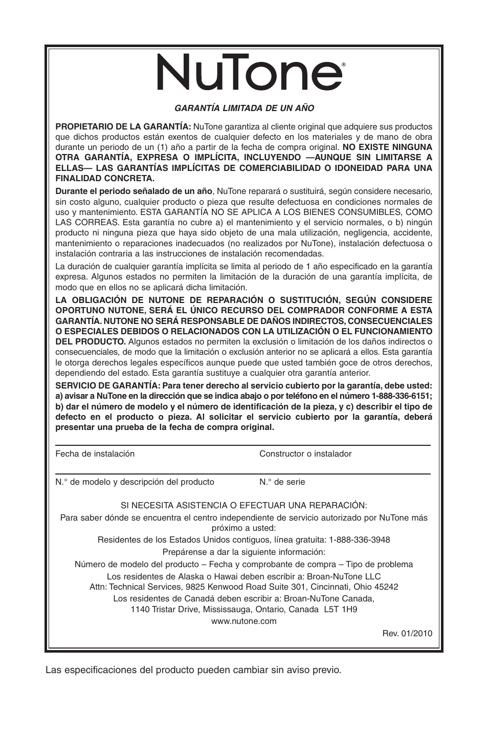 NuTone SFDB-DC User Manual | Page 20 / 20