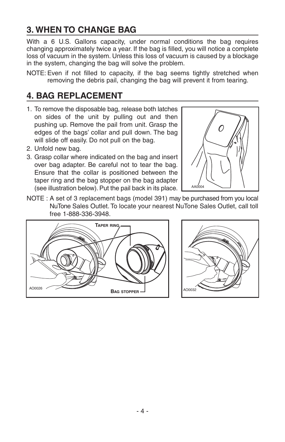 When to change bag, Bag replacement | NuTone SFDB-DC User Manual | Page 4 / 20