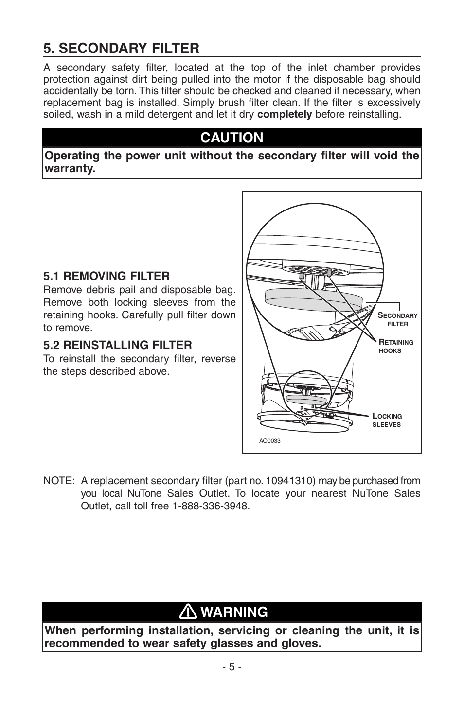 Secondary filter, Caution, Warning | 1 removing filter, 2 reinstalling filter | NuTone SFDB-DC User Manual | Page 5 / 20