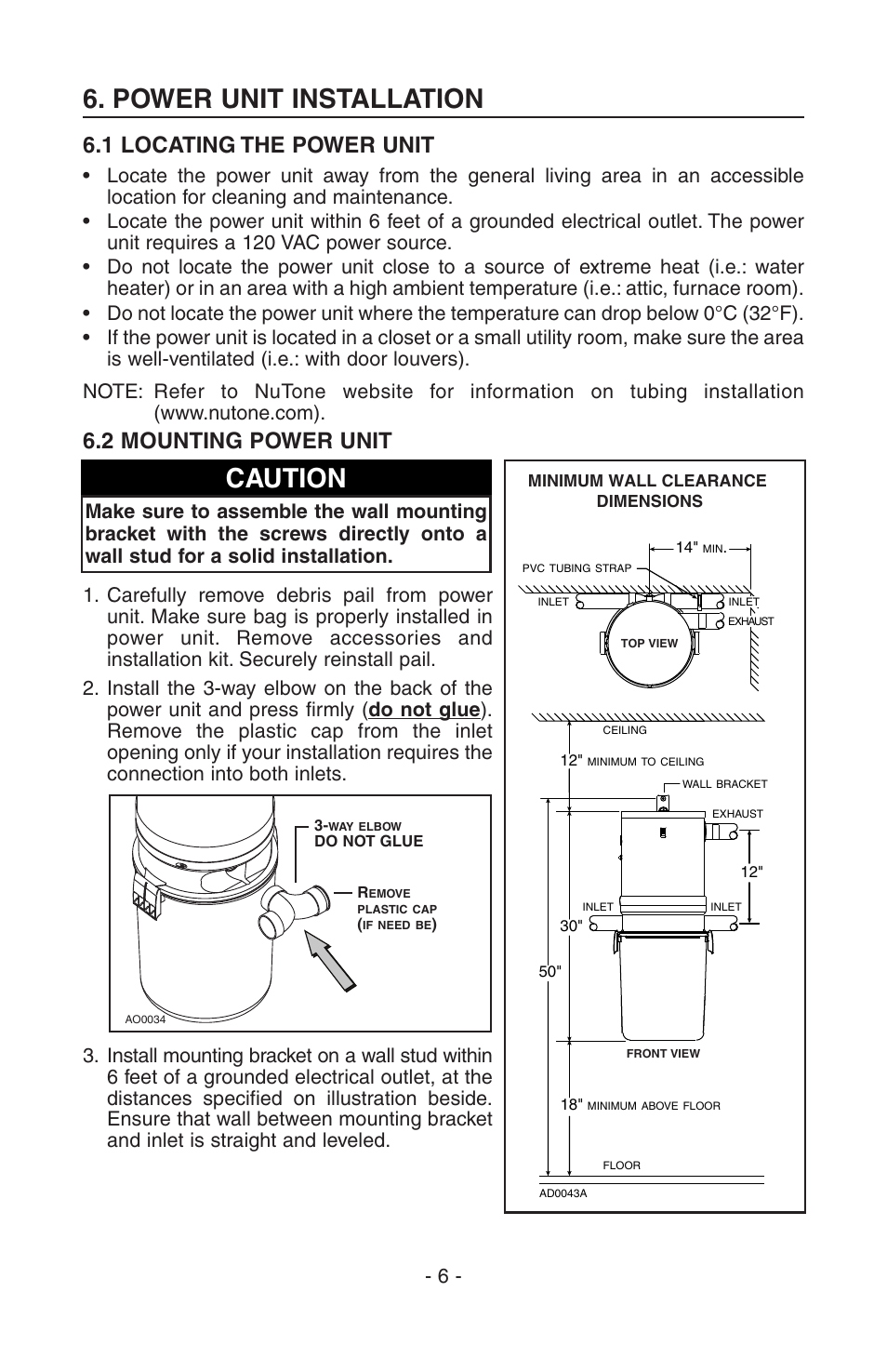 Power unit installation, Caution, 1 locating the power unit | 2 mounting power unit | NuTone SFDB-DC User Manual | Page 6 / 20