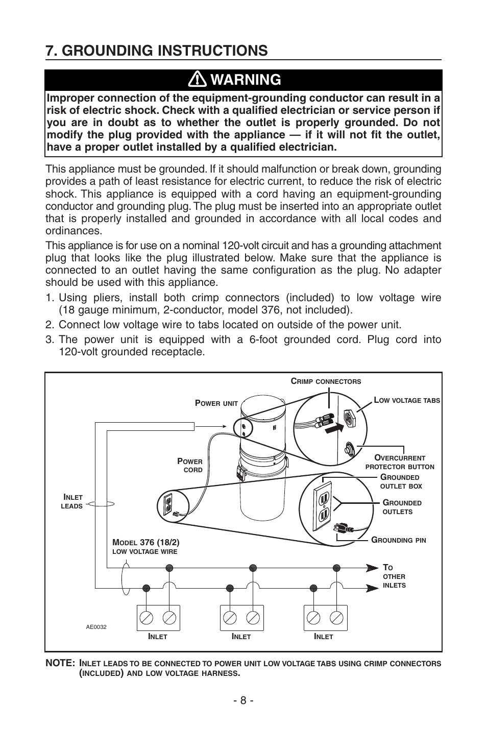 Grounding instructions, Warning | NuTone SFDB-DC User Manual | Page 8 / 20