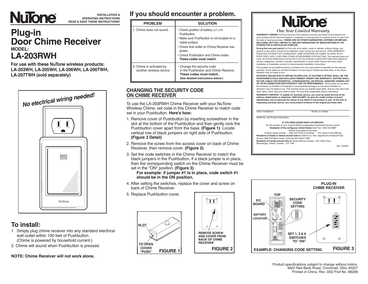 NuTone LA-203RWH User Manual | 3 pages
