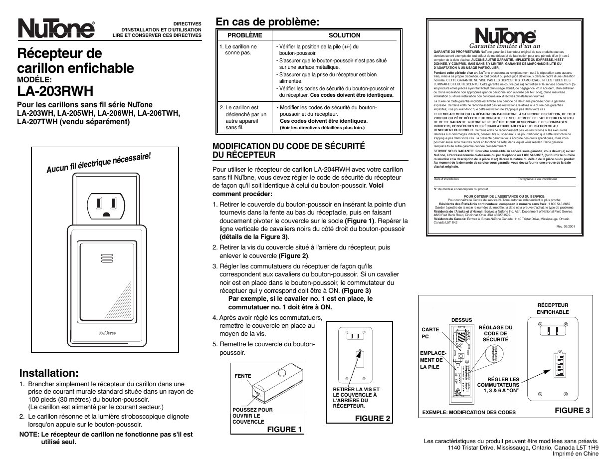 Récepteur de carillon enfichable, La-203rwh, Installation | En cas de problème, Modification du code de sécurité du récepteur, Aucun fil électrique nécessaire, Modéle, Figure 3 figure 2 figure 1 | NuTone LA-203RWH User Manual | Page 2 / 3