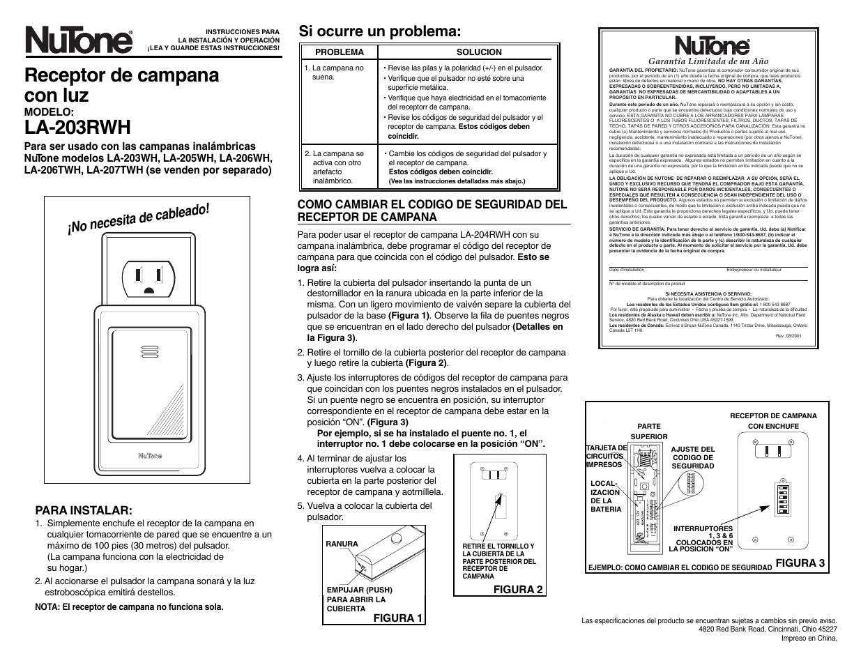 Receptor de campana con luz, La-203rwh, Si ocurre un problema | No necesita de cableado, Para instalar, Modelo, Figura 3 figura 2 figura 1 | NuTone LA-203RWH User Manual | Page 3 / 3