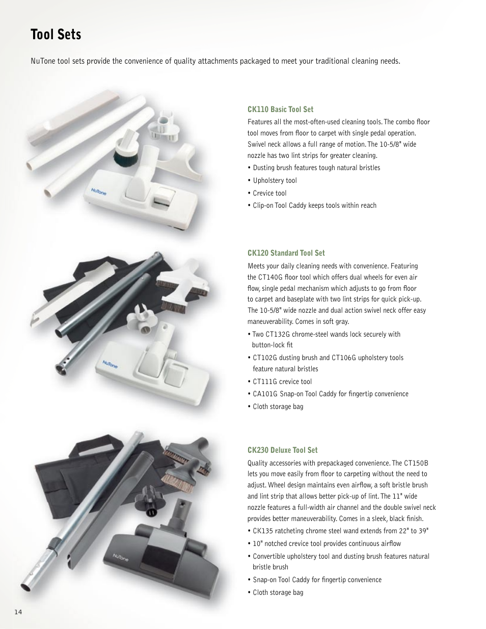 Tool sets | NuTone VX550 User Manual | Page 14 / 32
