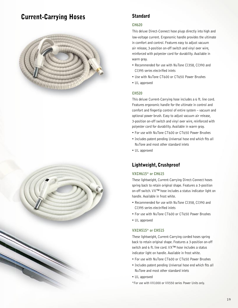 Current-carrying hoses, Standard, Lightweight, crushproof | NuTone VX550 User Manual | Page 19 / 32