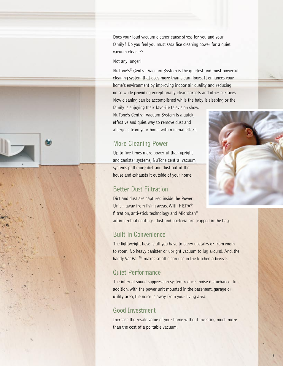 More cleaning power, Better dust filtration, Built-in convenience | Quiet performance, Good investment | NuTone VX550 User Manual | Page 3 / 32