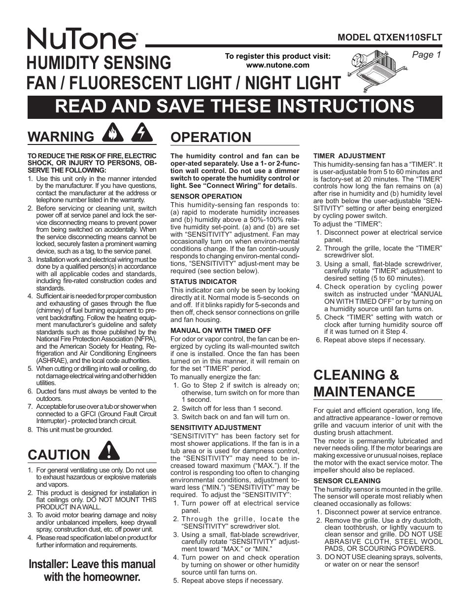 NuTone QTXEN110SFLT User Manual | 8 pages