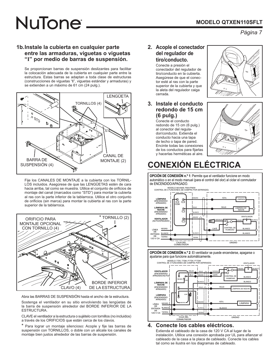 Conexión eléctrica, Instale el conducto redondo de 15 cm (6 pulg.), Barra de suspensión (4) | Canal de montaje (2) lengüeta | NuTone QTXEN110SFLT User Manual | Page 7 / 8
