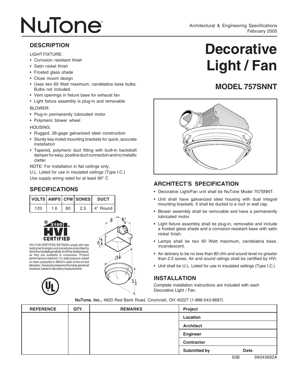 NuTone 757SNNT User Manual | 1 page