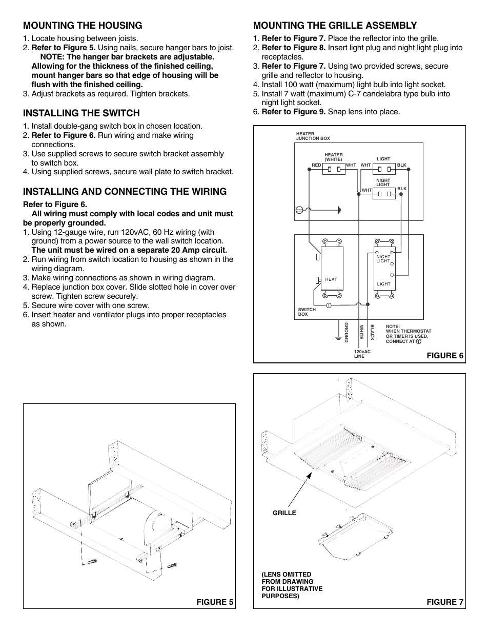 Mounting the housing, Installing the switch, Installing and connecting the wiring | Mounting the grille assembly | NuTone 9960 User Manual | Page 2 / 4