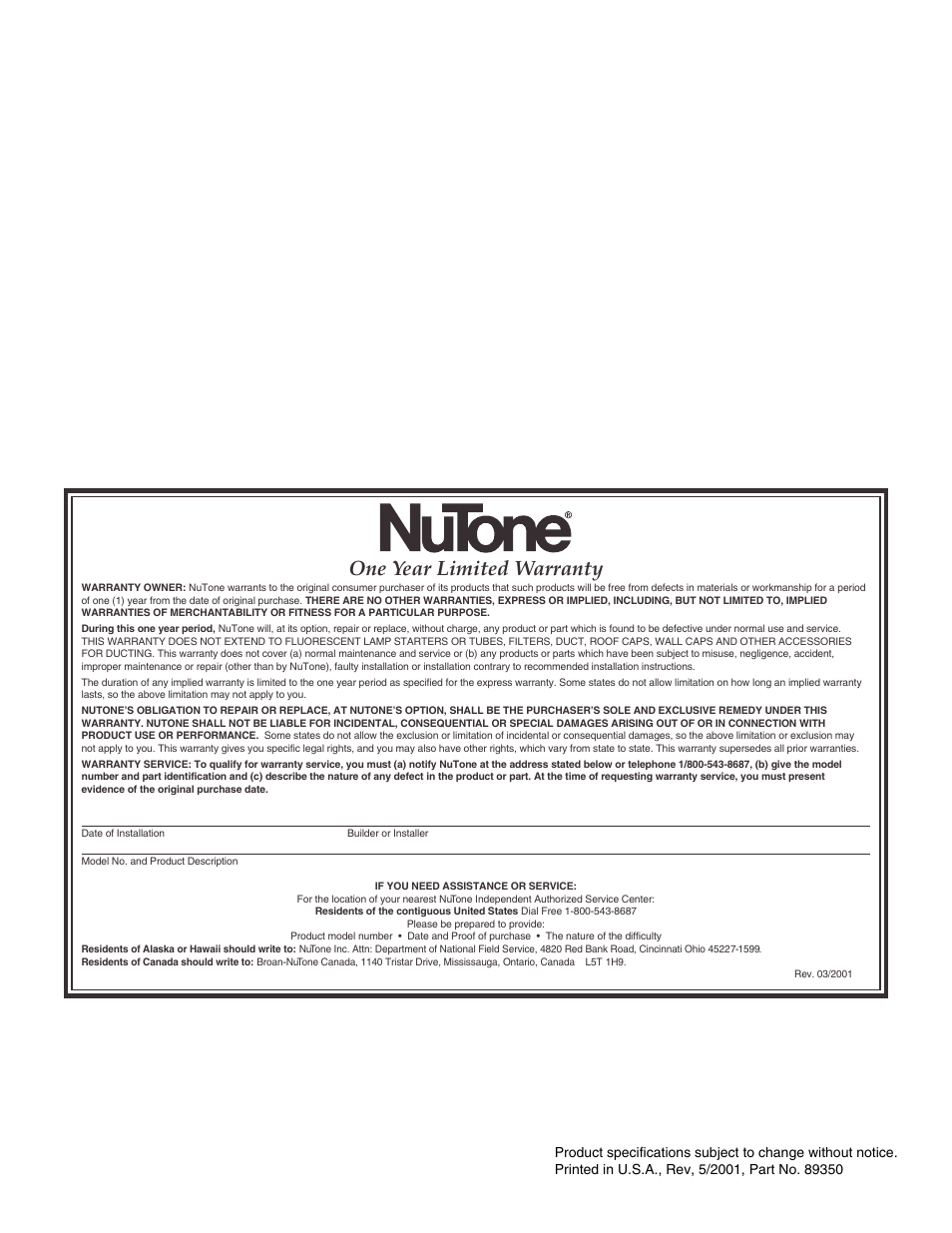 One year limited warranty | NuTone 9960 User Manual | Page 4 / 4