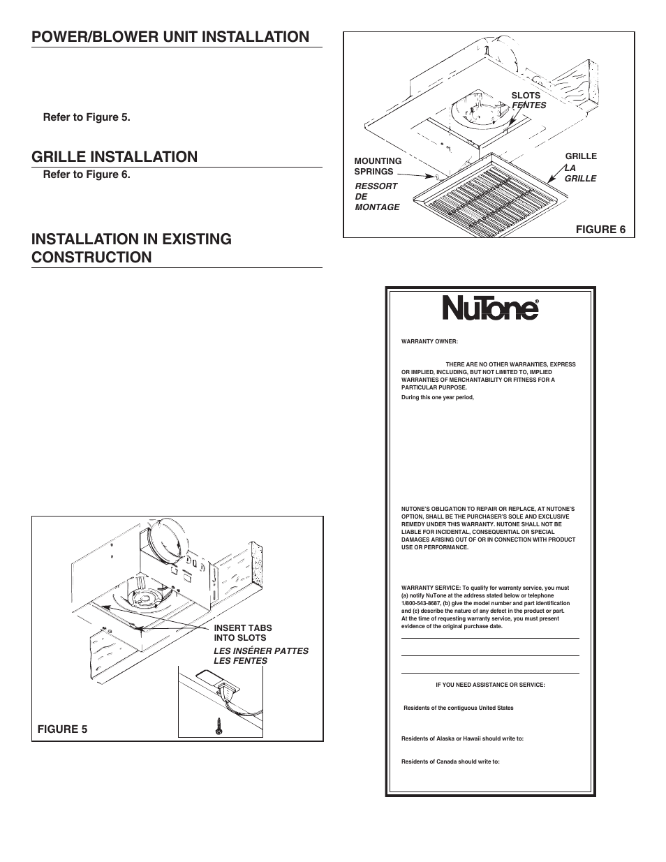 Power/blower unit installation, Grille installation, Installation in existing construction | One year limited warranty | NuTone 672R User Manual | Page 3 / 6