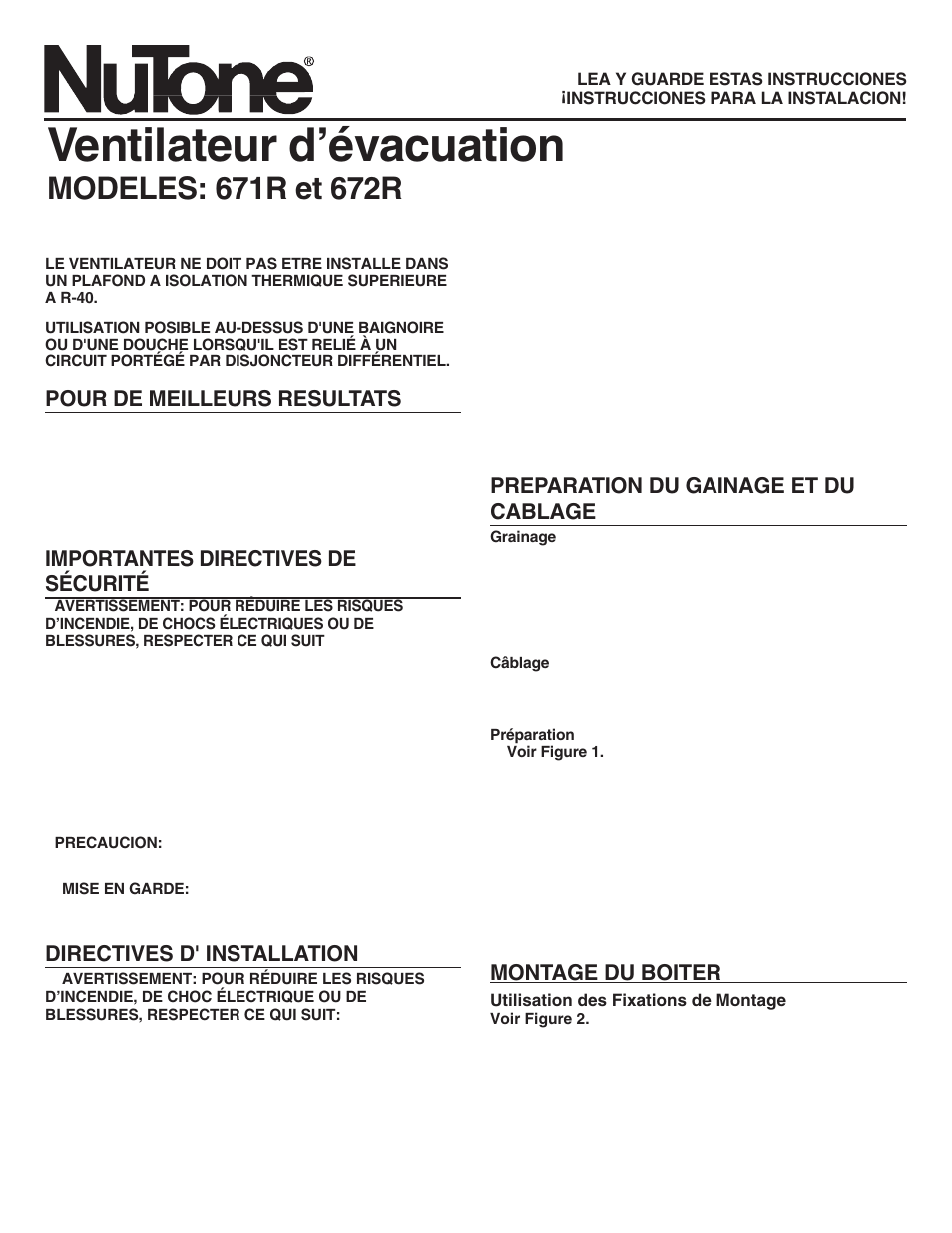 Ventilateur d’évacuation, Pour de meilleurs resultats, Importantes directives de sécurité | Directives d' installation, Preparation du gainage et du cablage, Montage du boiter | NuTone 672R User Manual | Page 4 / 6