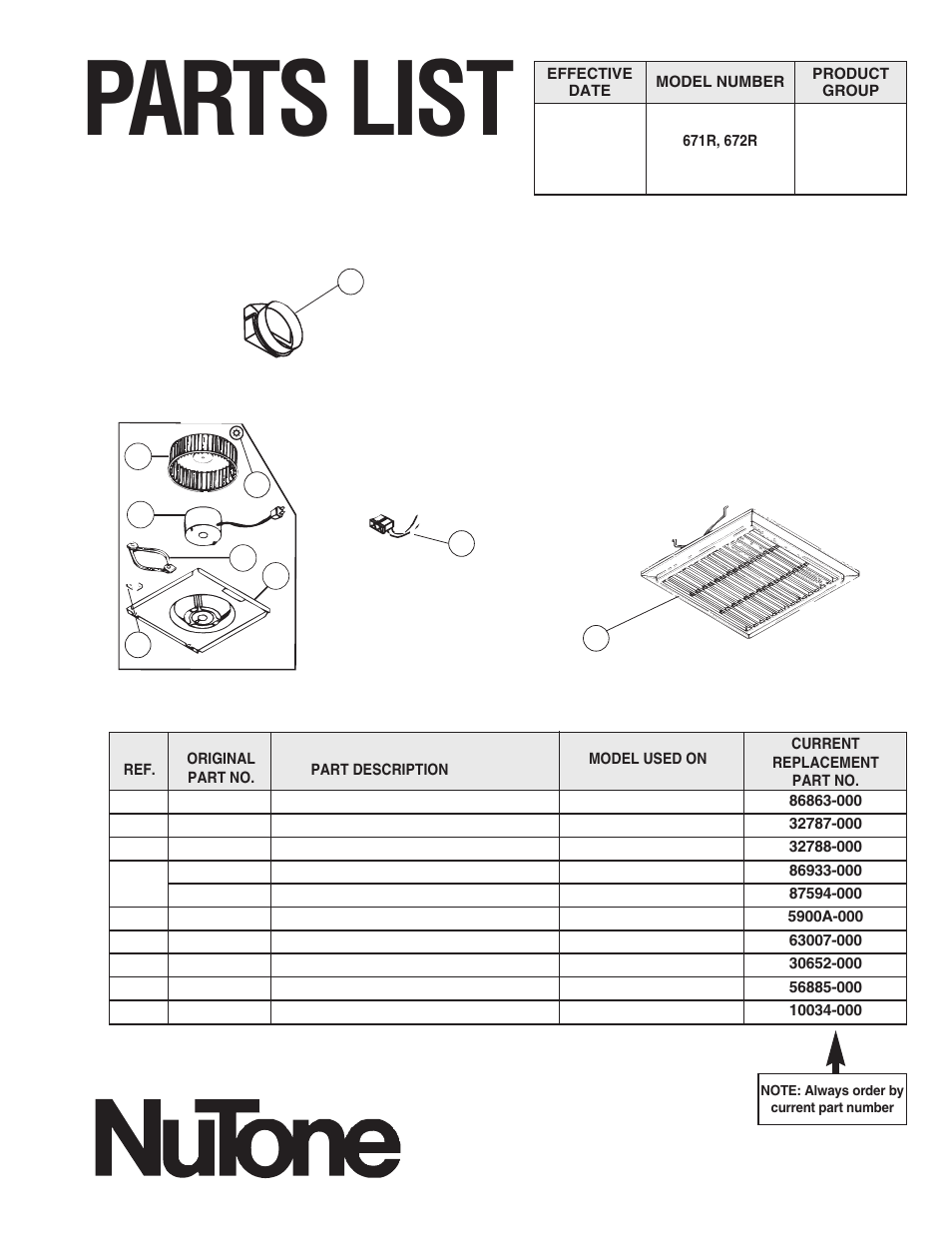 Parts list | NuTone 672R User Manual | Page 6 / 6