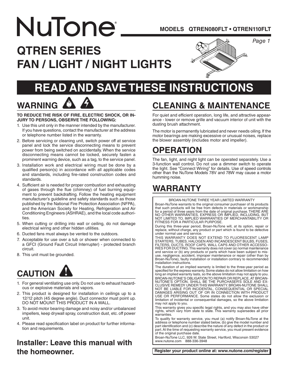 NuTone QTREN080FLT User Manual | 8 pages