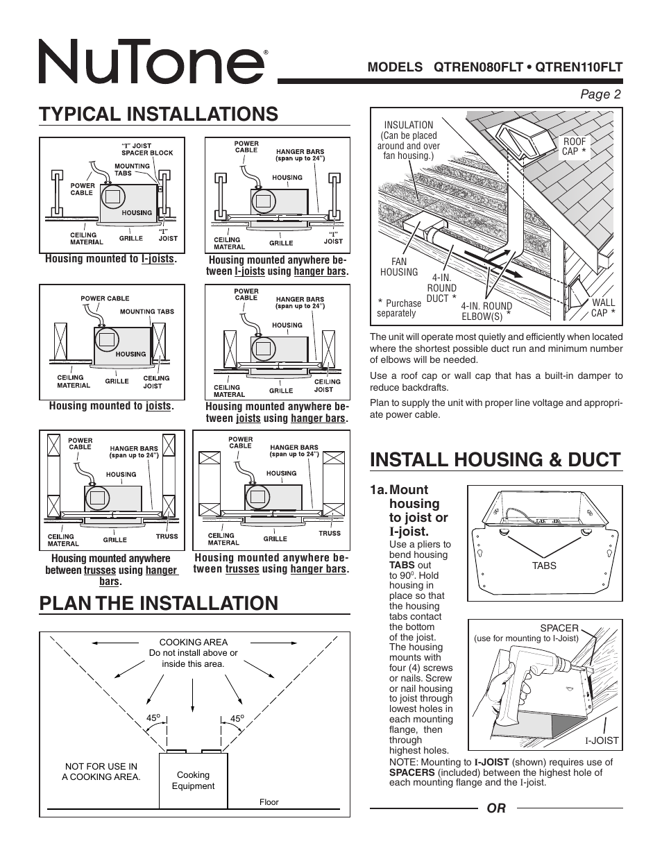 Typical installations, Plan the installation, Install housing & duct | NuTone QTREN080FLT User Manual | Page 2 / 8