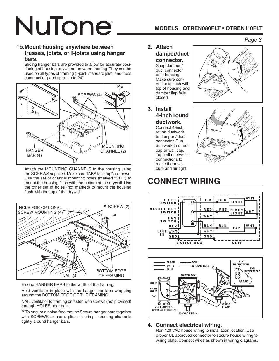 Connect wiring | NuTone QTREN080FLT User Manual | Page 3 / 8