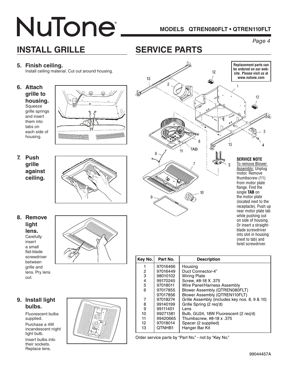 Service parts, Install grille | NuTone QTREN080FLT User Manual | Page 4 / 8