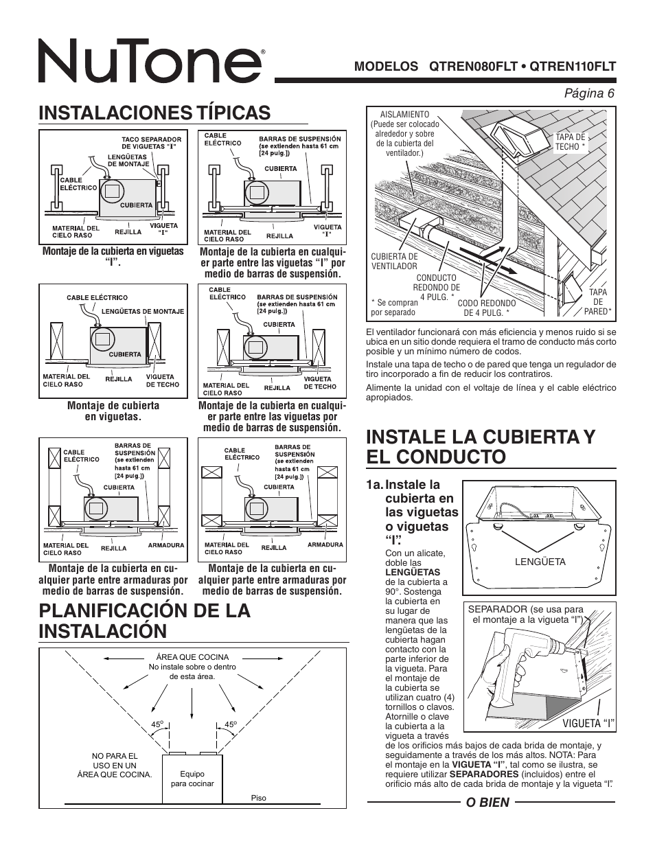 Instale la cubierta y el conducto, O bien | NuTone QTREN080FLT User Manual | Page 6 / 8