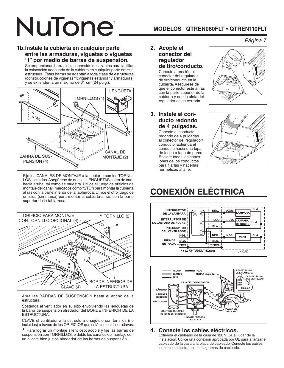 Conexión eléctrica, Acople el conector del regulador de tiro/conducto, Instale el con- ducto redondo de 4 pulgadas | NuTone QTREN080FLT User Manual | Page 7 / 8