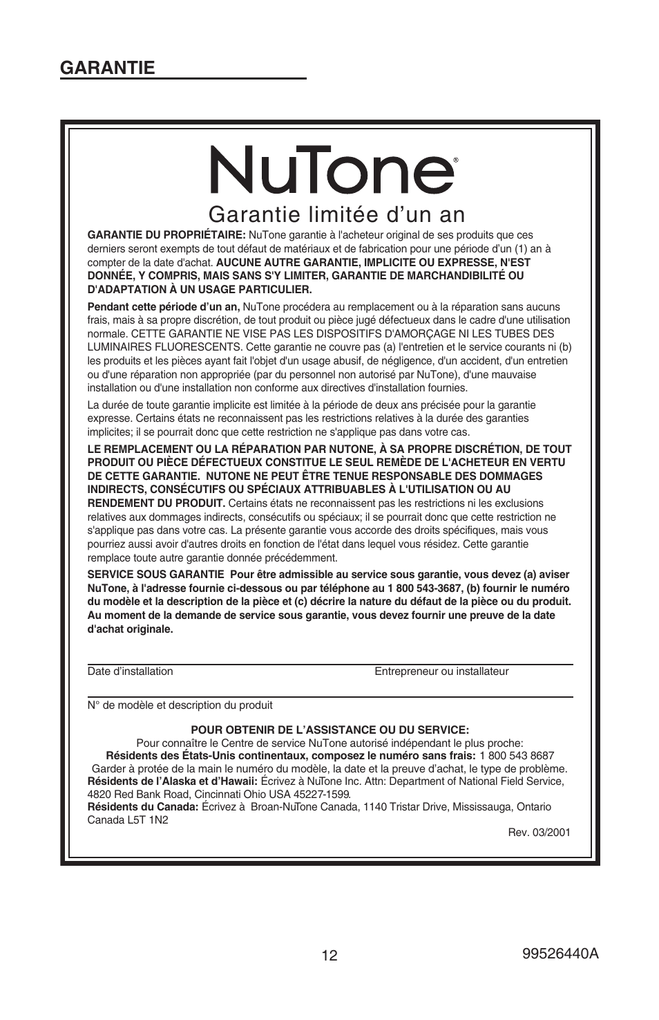 Garantie limitée d’un an, Garantie | NuTone LA522WH User Manual | Page 12 / 12