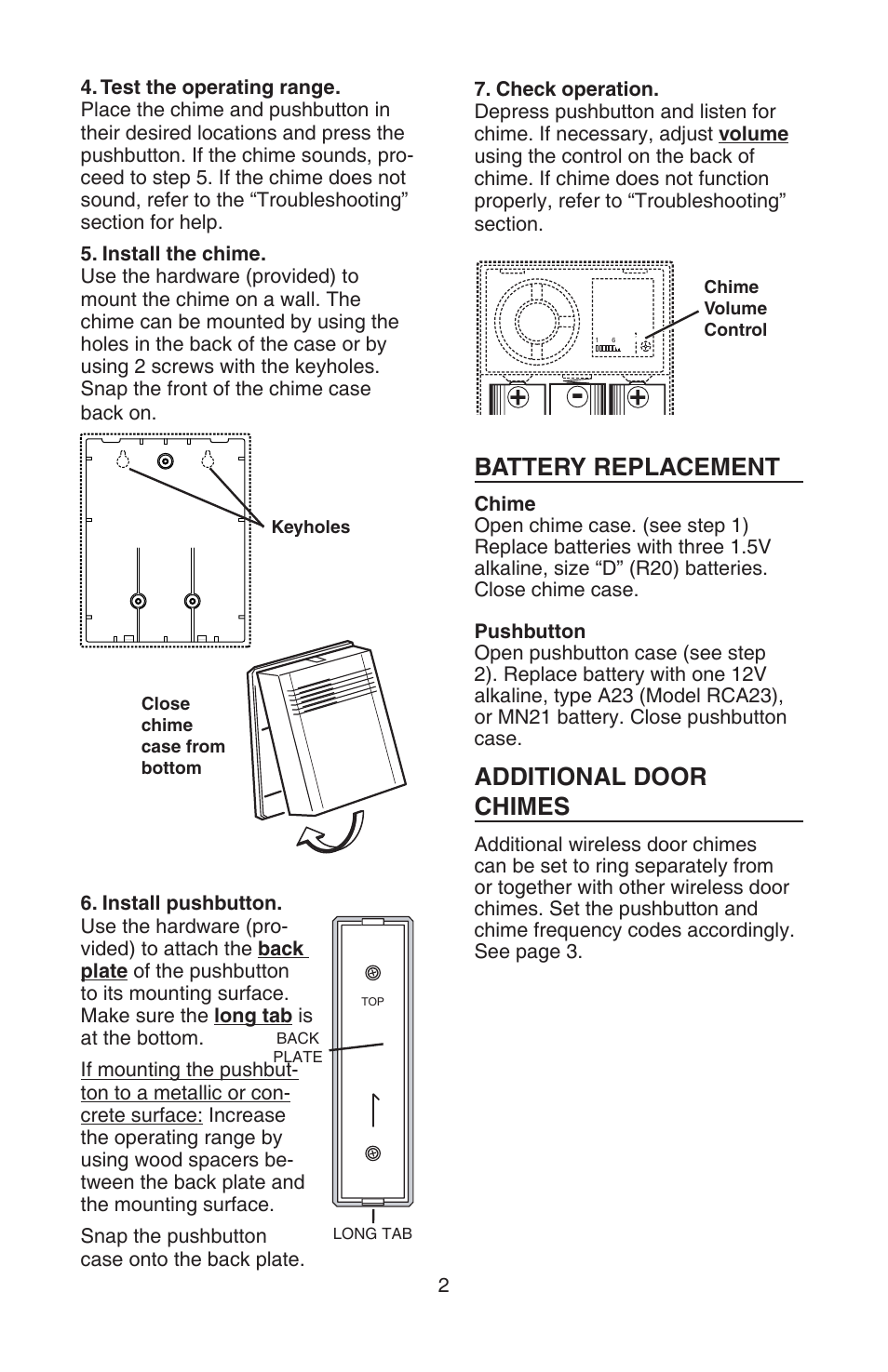 Battery replacement additional door chimes | NuTone LA522WH User Manual | Page 2 / 12