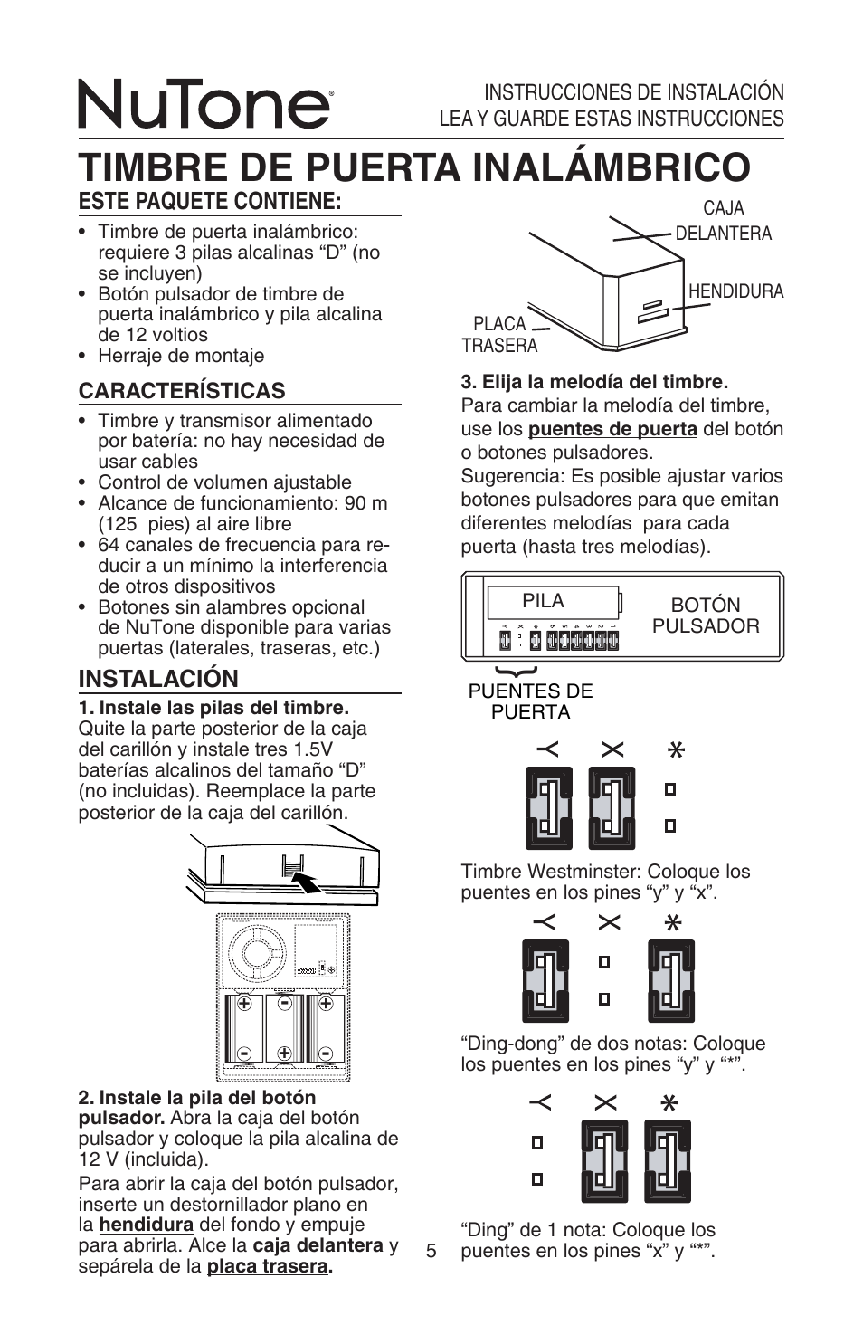 Timbre de puerta inalámbrico, Este paquete contiene, Instalación | NuTone LA522WH User Manual | Page 5 / 12