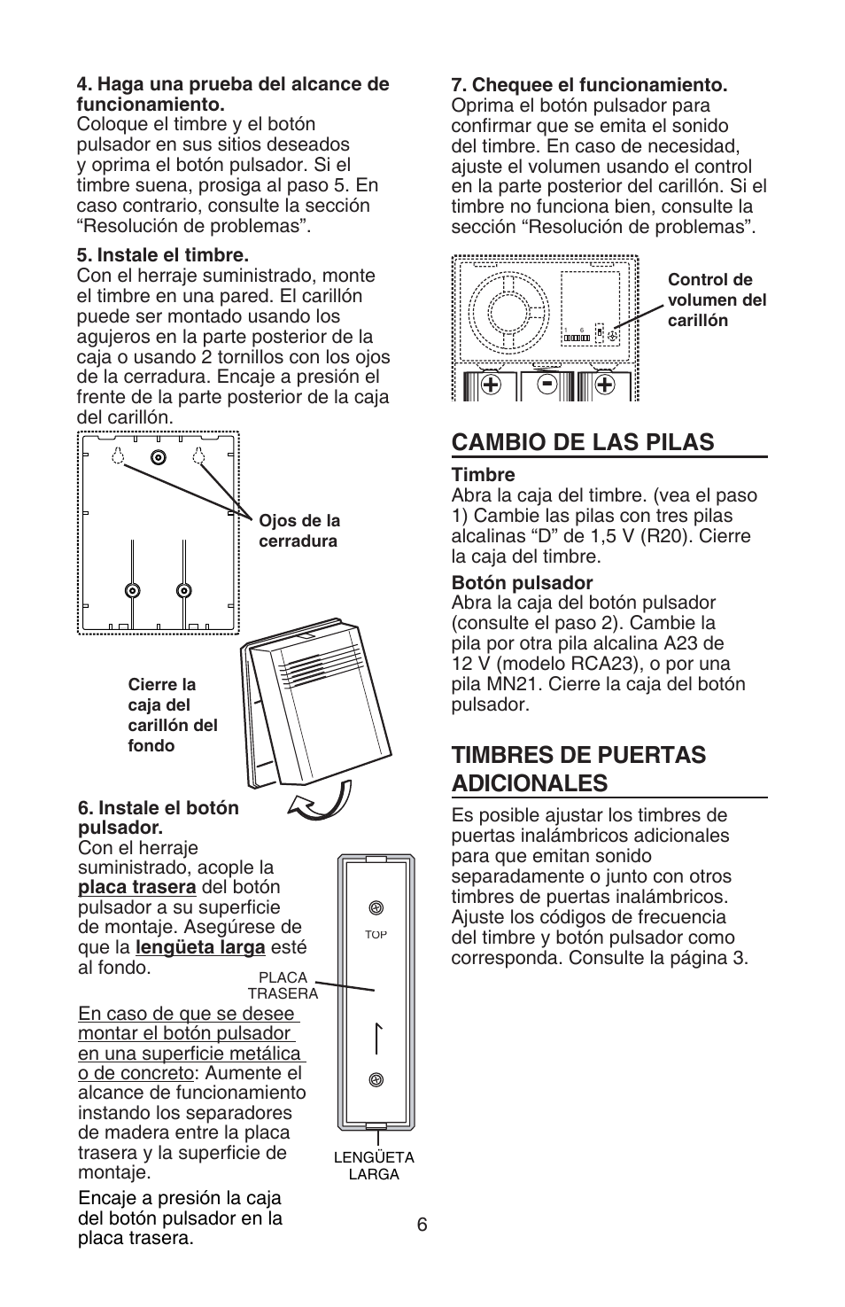 Timbres de puertas adicionales, Cambio de las pilas | NuTone LA522WH User Manual | Page 6 / 12
