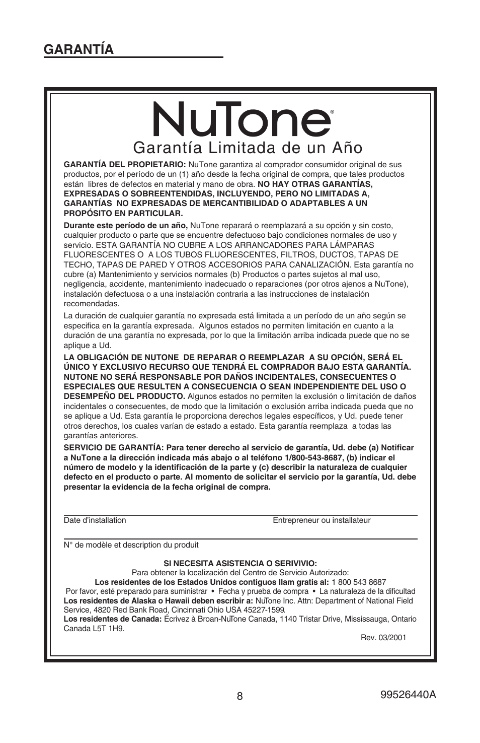 Garantía limitada de un año, Garantía | NuTone LA522WH User Manual | Page 8 / 12