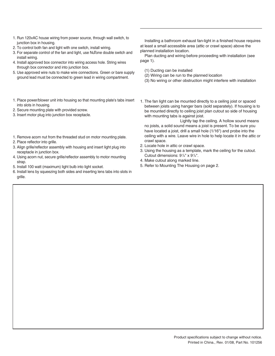 Installation in existing construction, Wiring, Power/blower unit installation | Completing installation, Planning, Installation | NuTone 769RL User Manual | Page 2 / 8