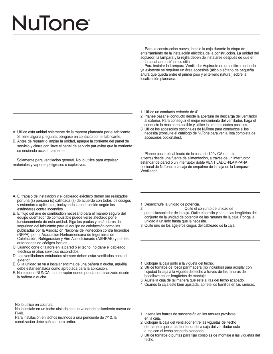 Lámpara-ventilador para techos, Instrucciones importantes de seguridad, Instrucciones de instalacion | Para obtener mejores resultados, Planificacion del conducto y cableado, Instalacion en un lugar nuevo de construccion, Montaje de la caja | NuTone 769RL User Manual | Page 3 / 8