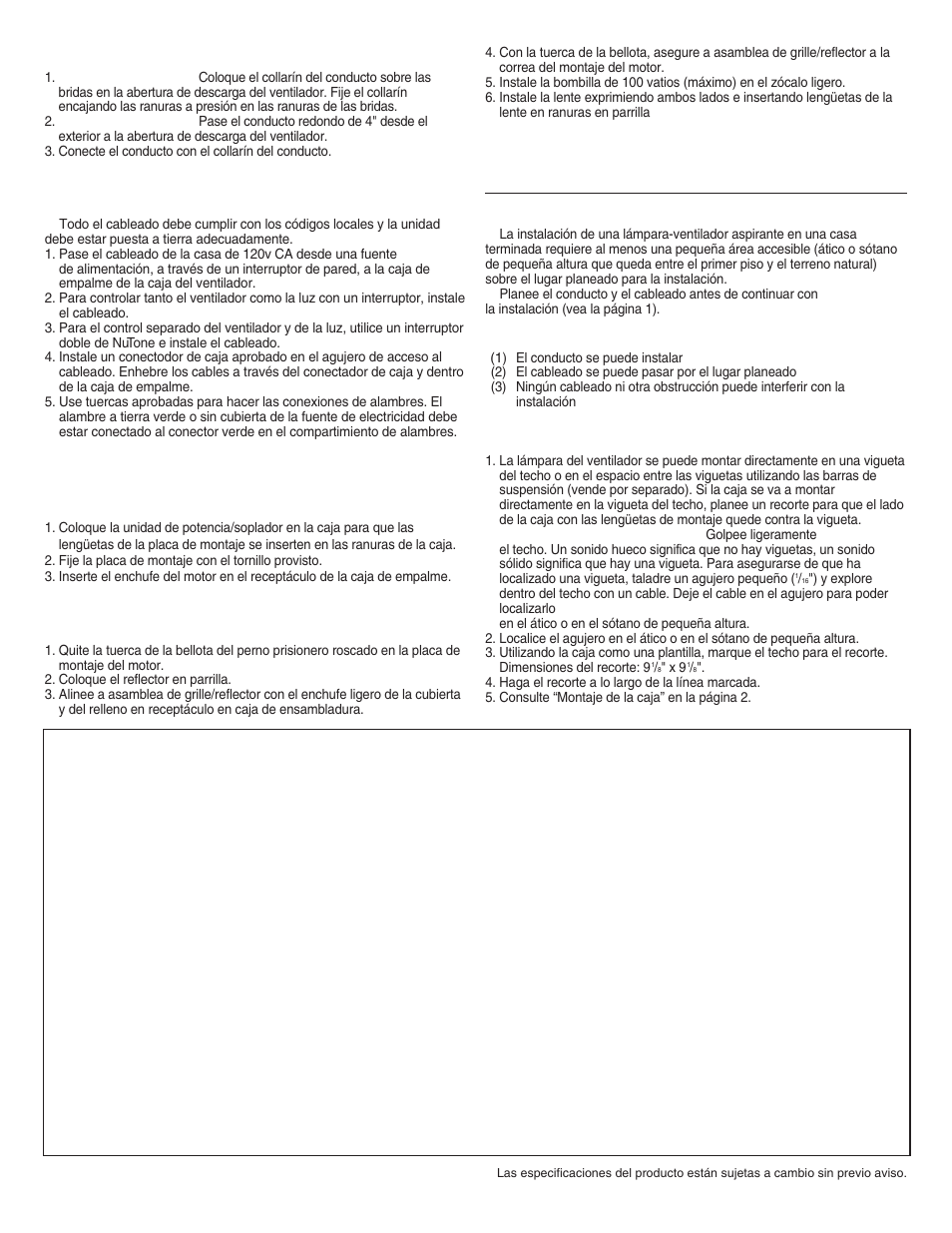 Instalacion en una construccion existente, Instalatcion del conducto, Cableado | Instalacion de la unidad de potencia/soplador, Para terminar la instalacion, Planificacion, Instalacion | NuTone 769RL User Manual | Page 4 / 8